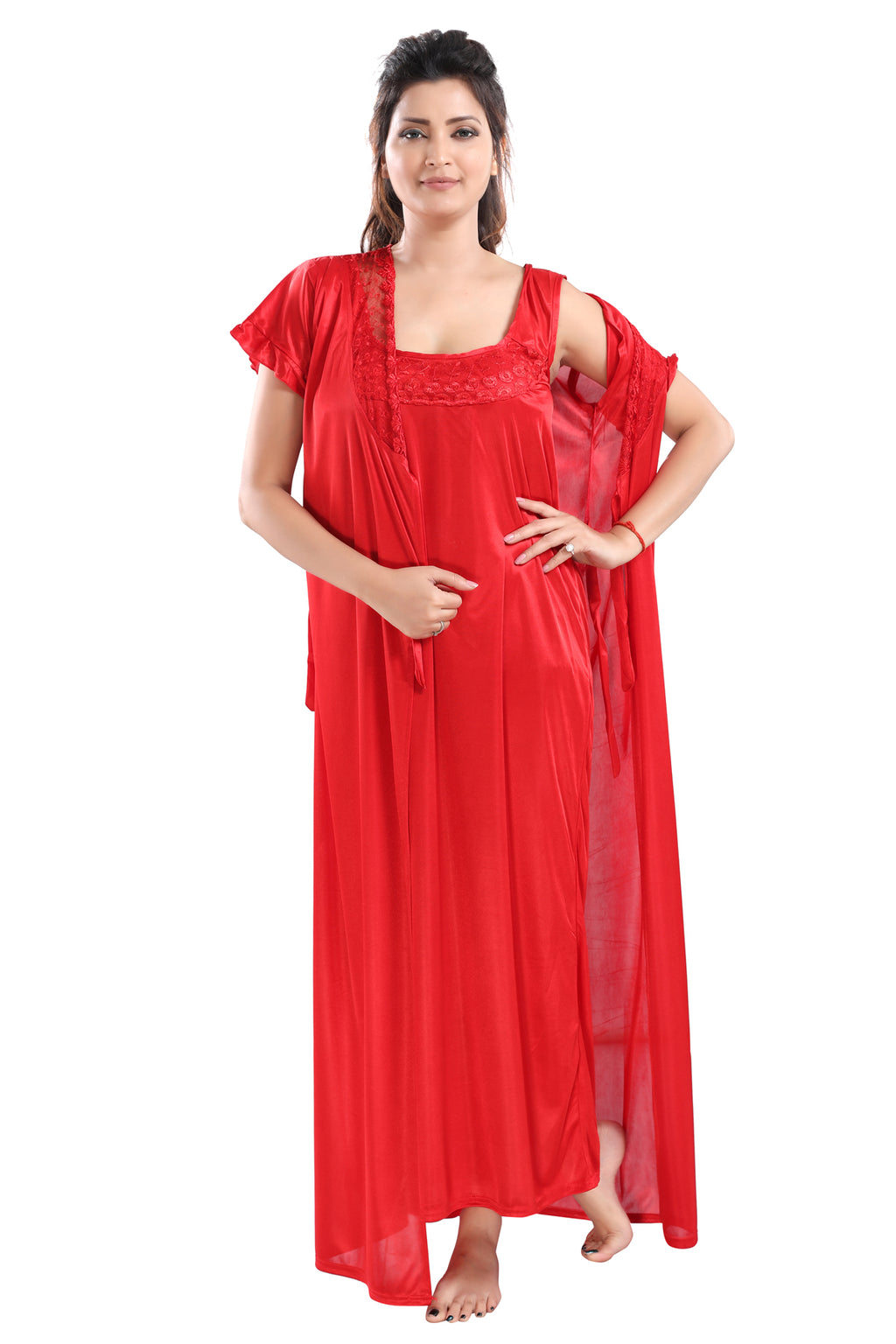 Red Satin Solid Short Sleeve Nighty & Robe Set for Women
