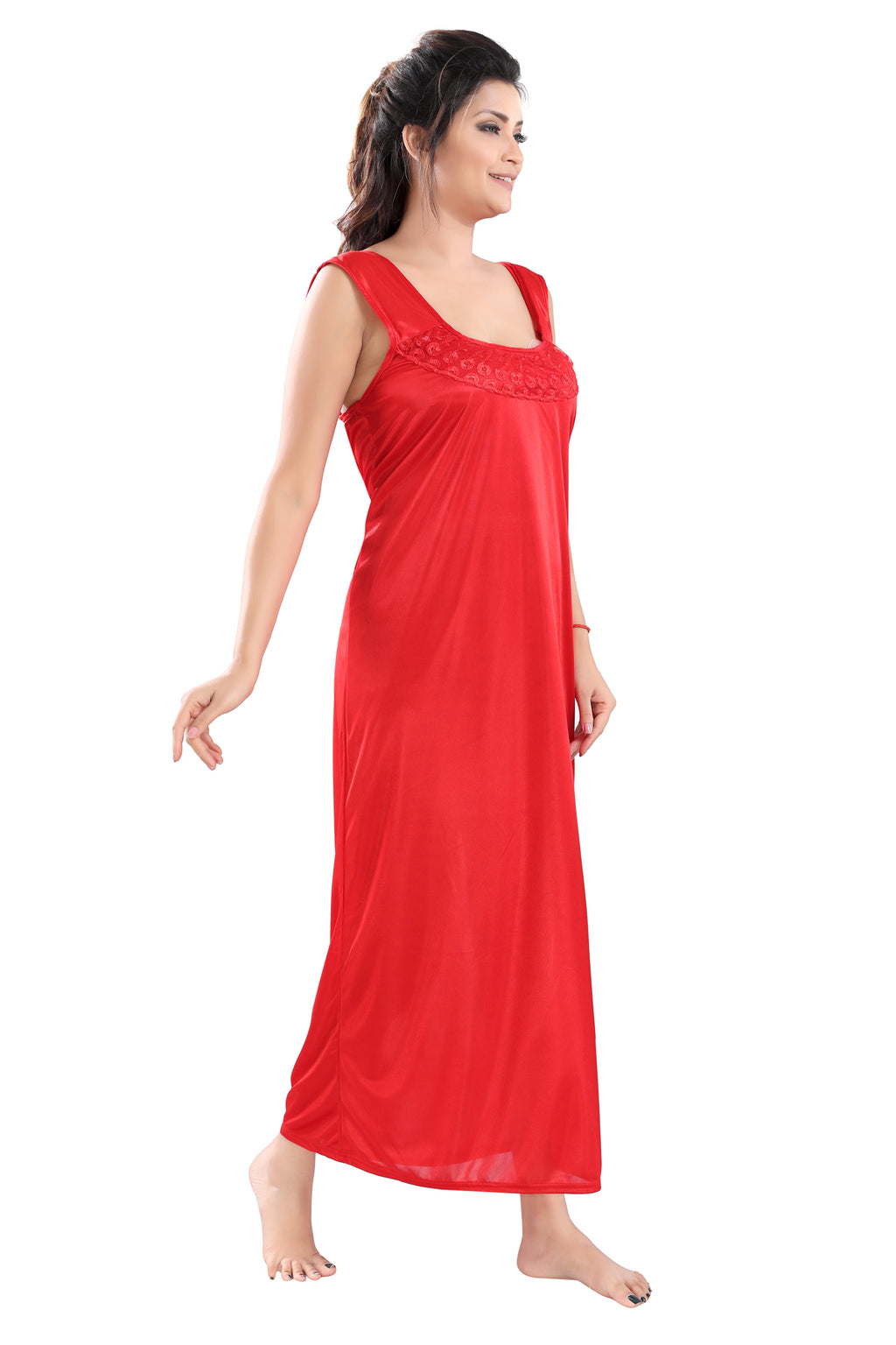 Red Satin Solid Short Sleeve Nighty & Robe Set for Women