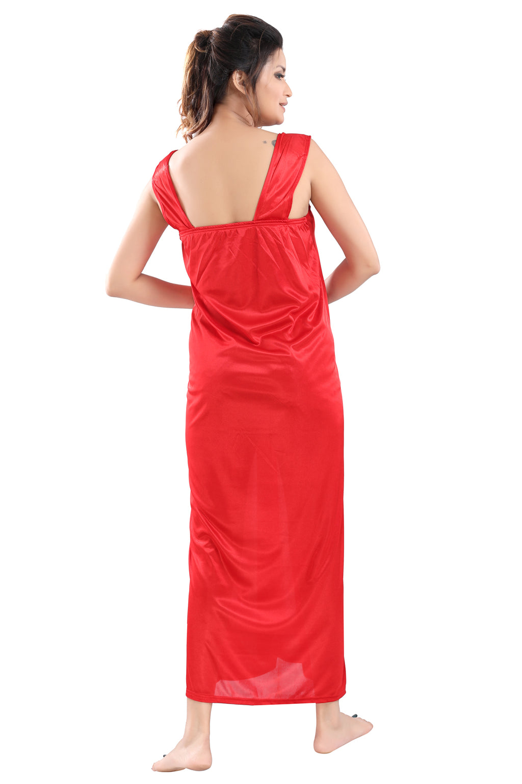 Red Satin Solid Short Sleeve Nighty & Robe Set for Women