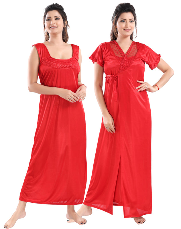 Red Satin Solid Short Sleeve Nighty & Robe Set for Women