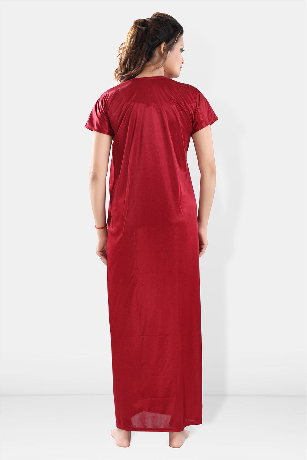 Maroon Satin Maxi Nighty with Robe Set for Women