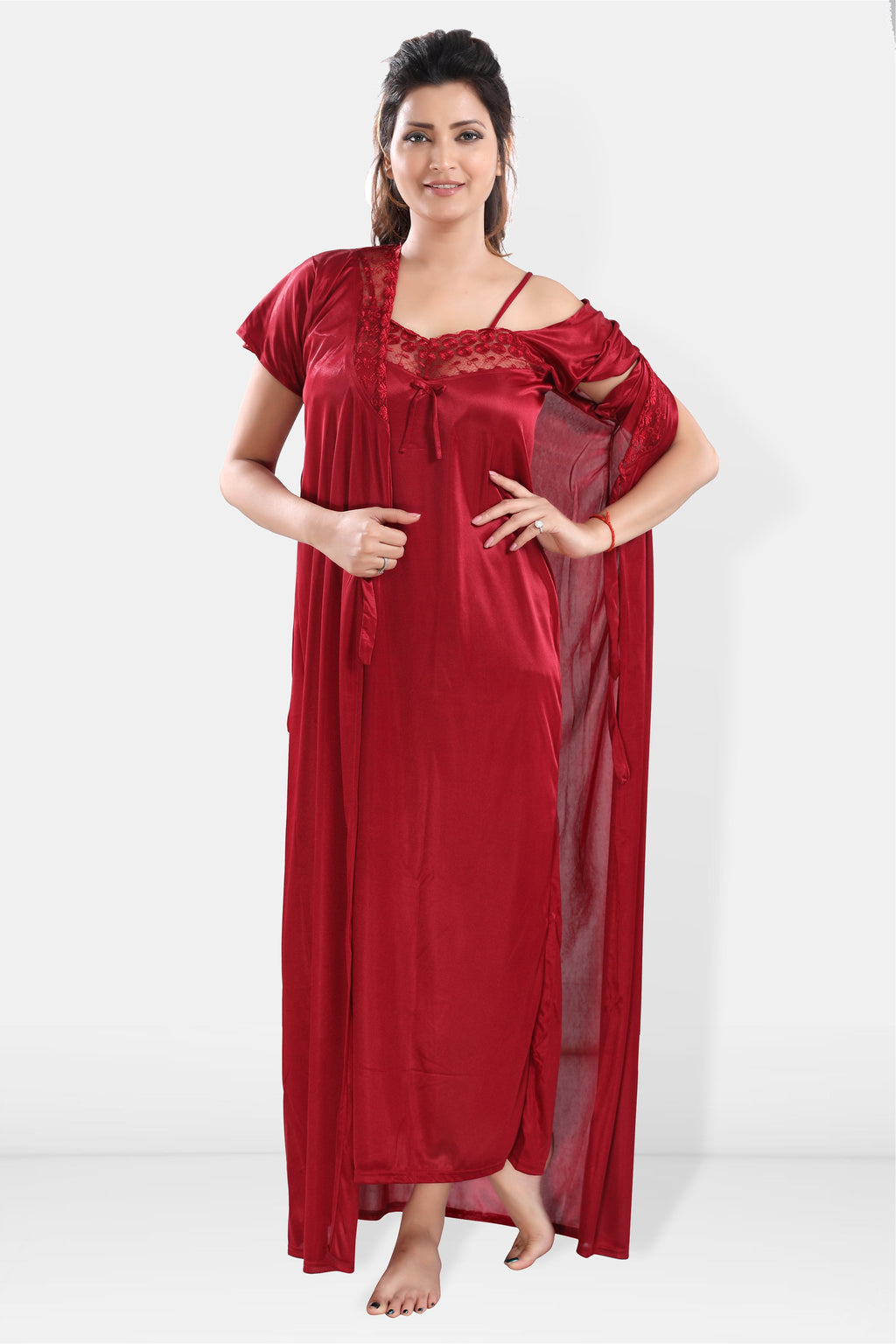 Maroon Satin Maxi Nighty with Robe Set for Women
