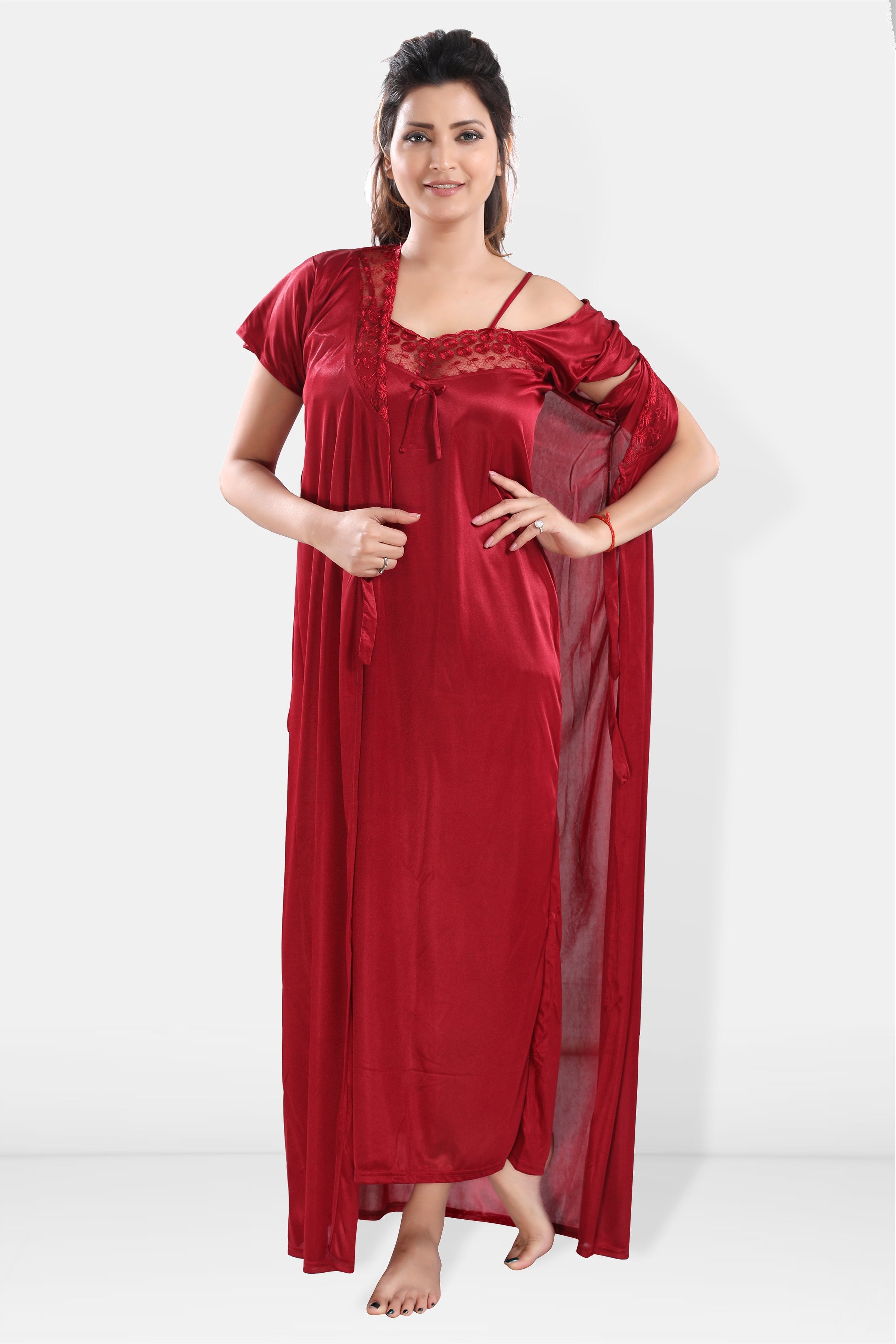 Maroon Satin Maxi Nighty with Robe Set for Women