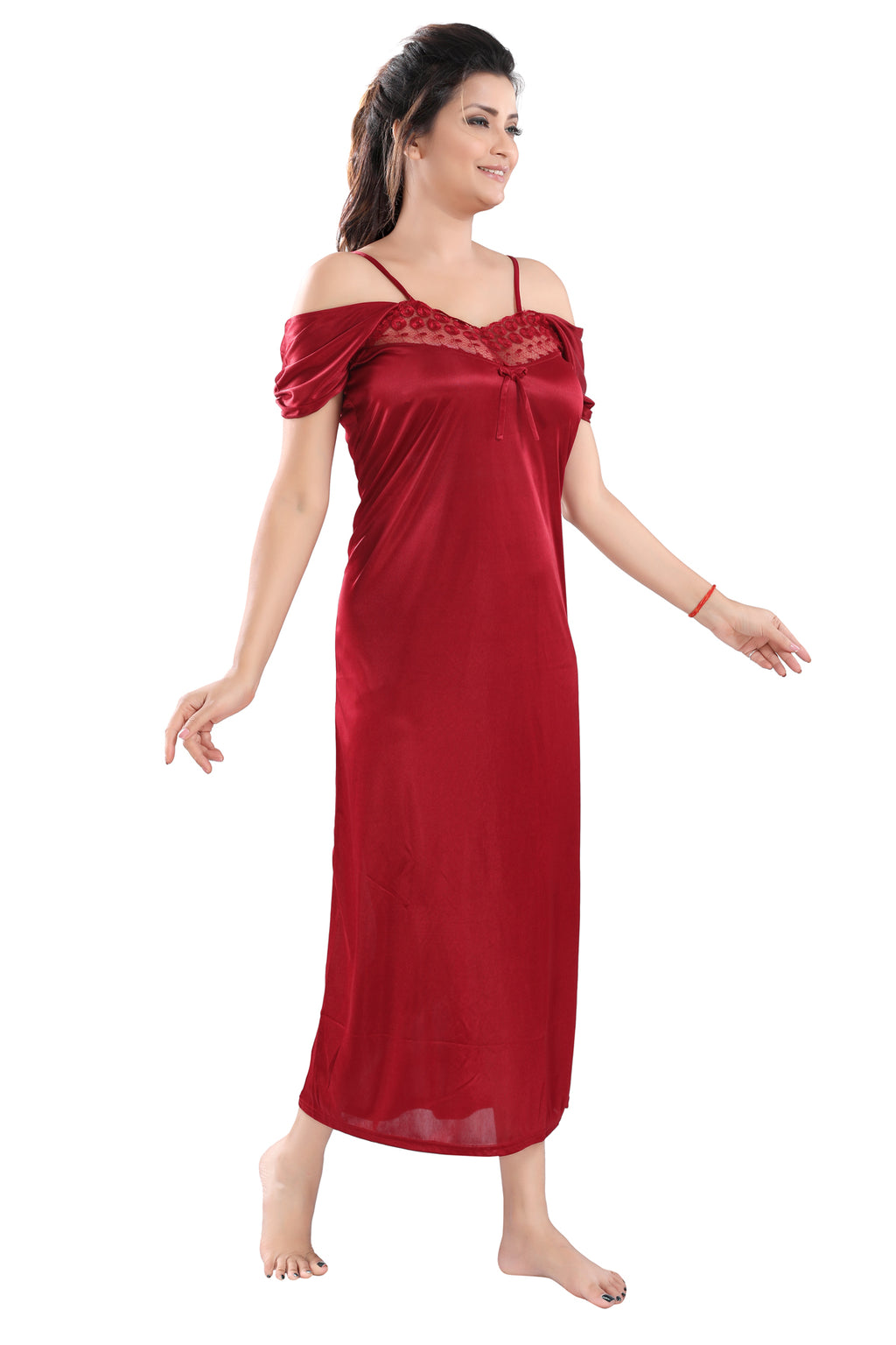 Maroon Satin Maxi Nighty with Robe Set for Women