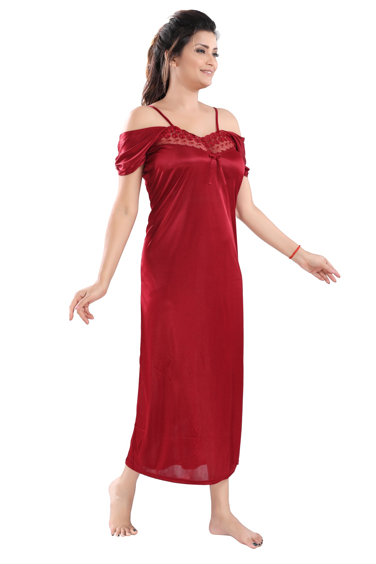 Maroon Satin Maxi Nighty with Robe Set for Women