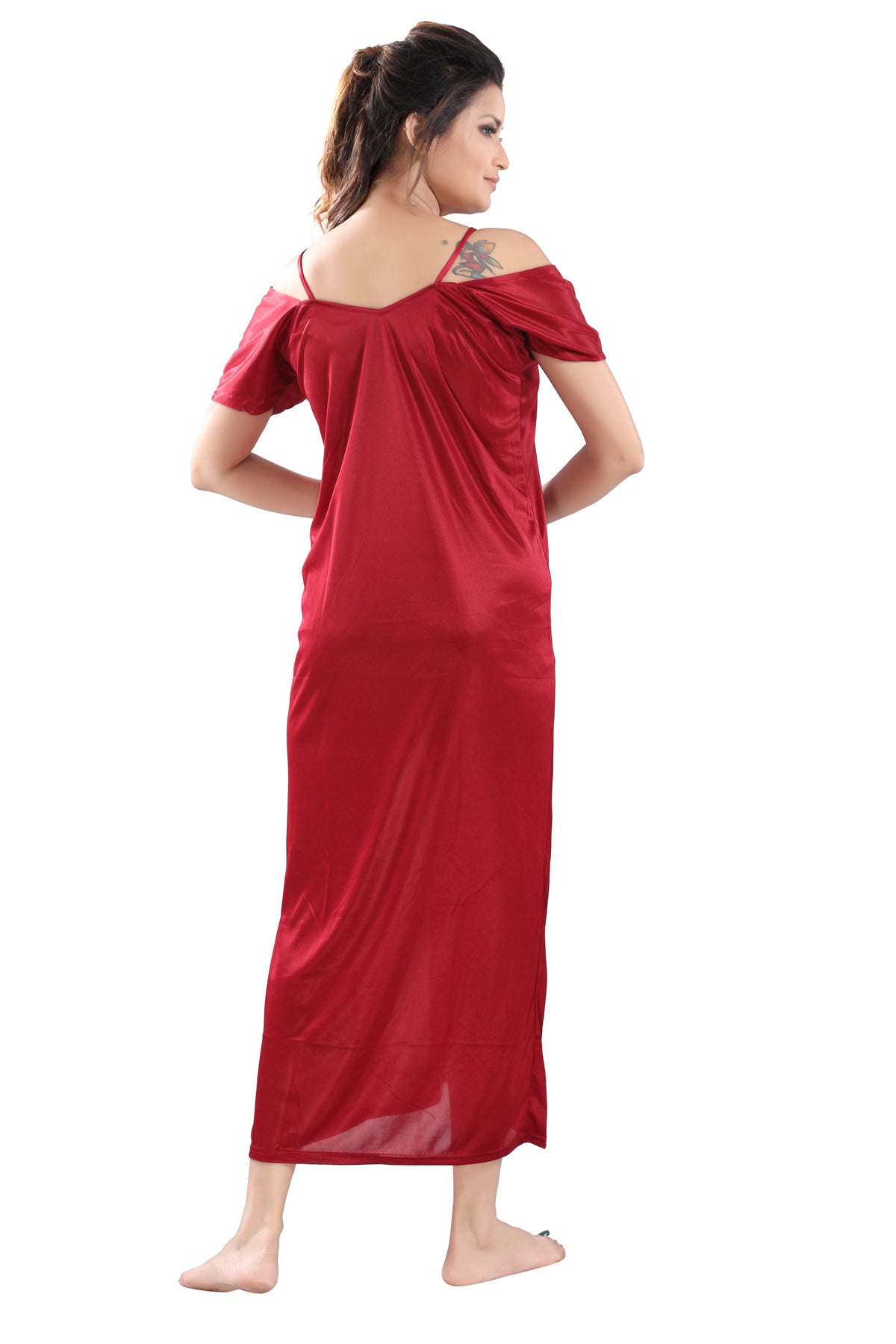 Maroon Satin Maxi Nighty with Robe Set for Women