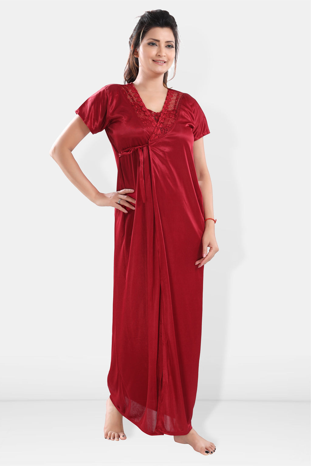 Maroon Satin Maxi Nighty with Robe Set for Women