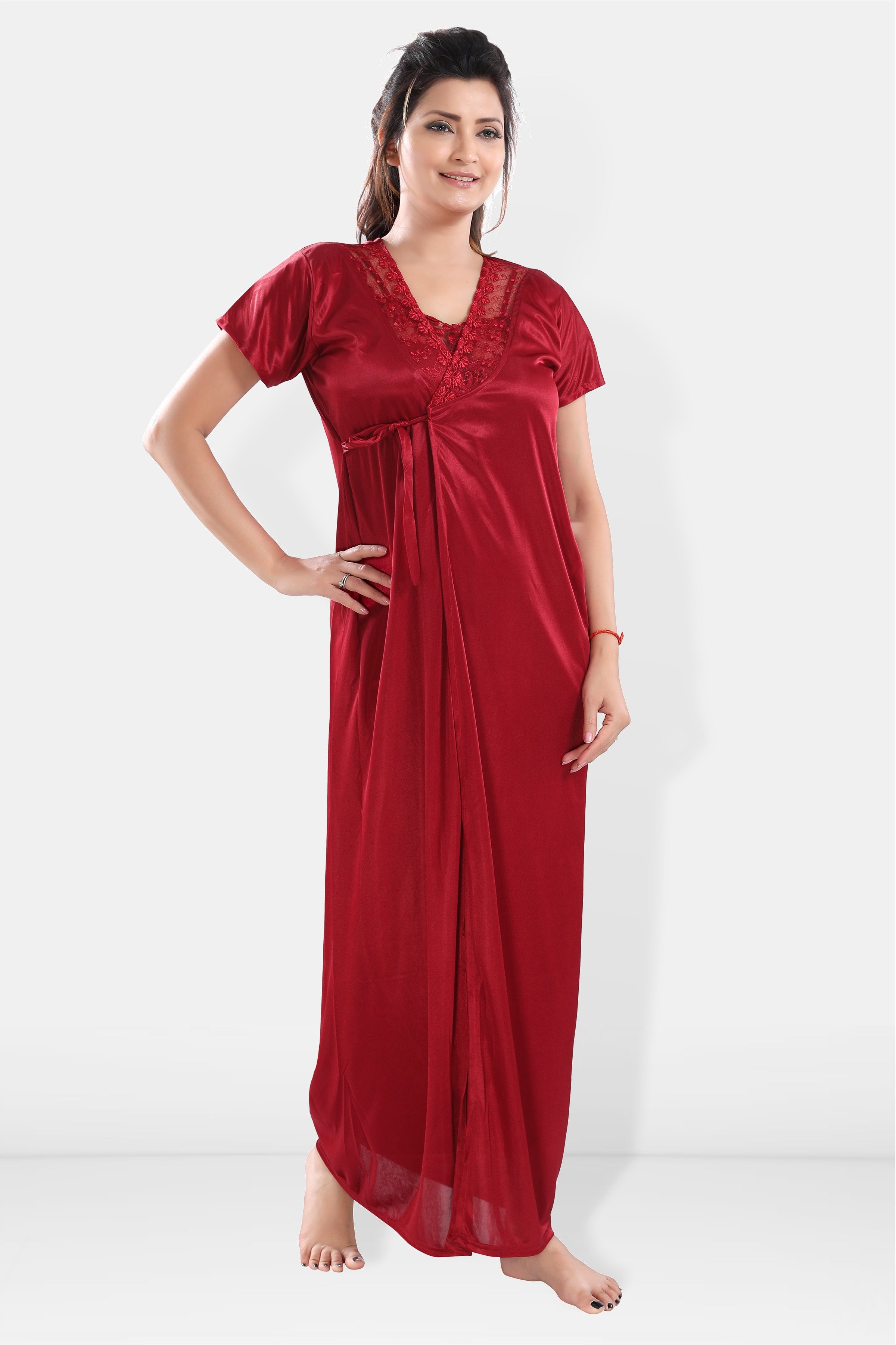 Maroon Satin Maxi Nighty with Robe Set for Women