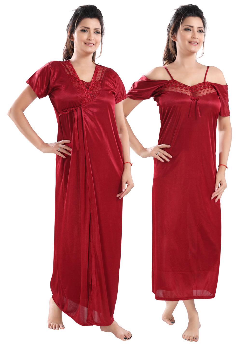 Maroon Satin Maxi Nighty with Robe Set for Women