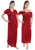 Maroon Satin Maxi Nighty with Robe Set for Women