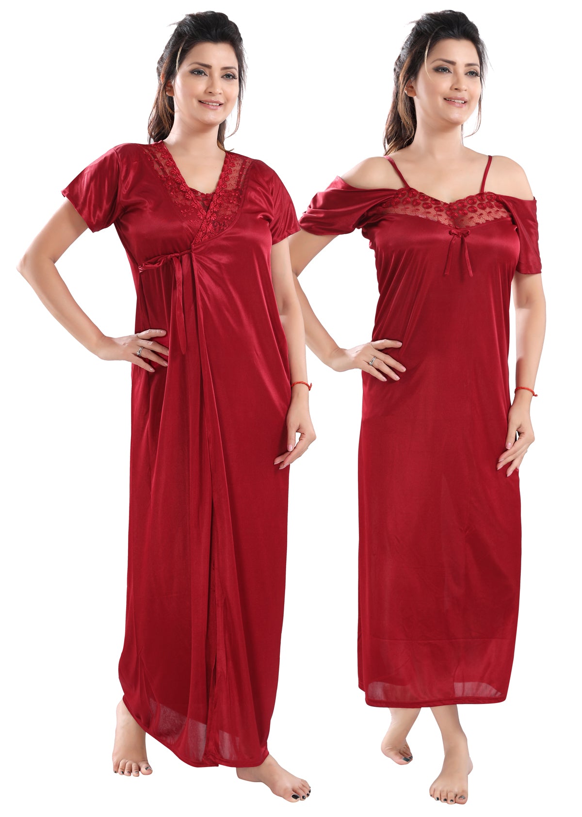 Maroon Satin Maxi Nighty with Robe Set for Women
