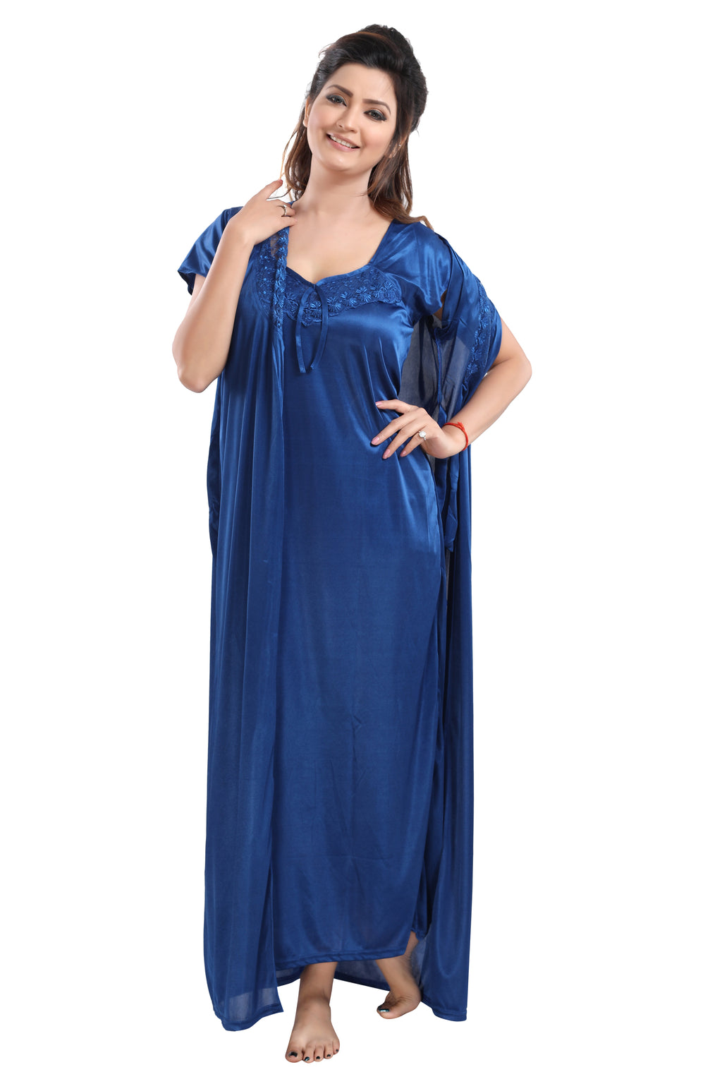 Blue Satin Maxi Nighty with Robe Set