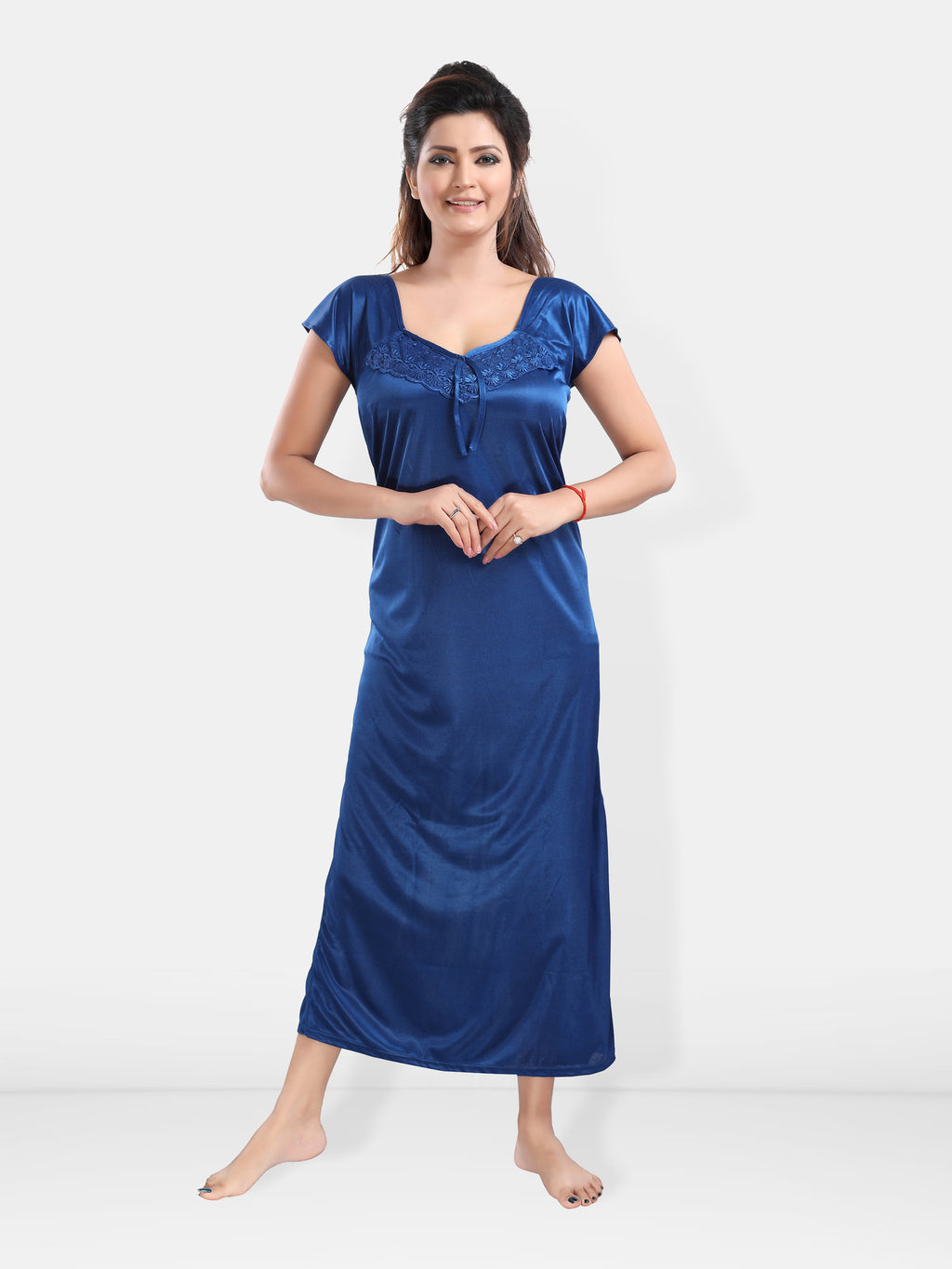 Blue Satin Maxi Nighty with Robe Set