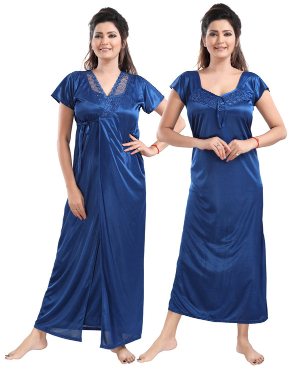 Blue Satin Maxi Nighty with Robe Set