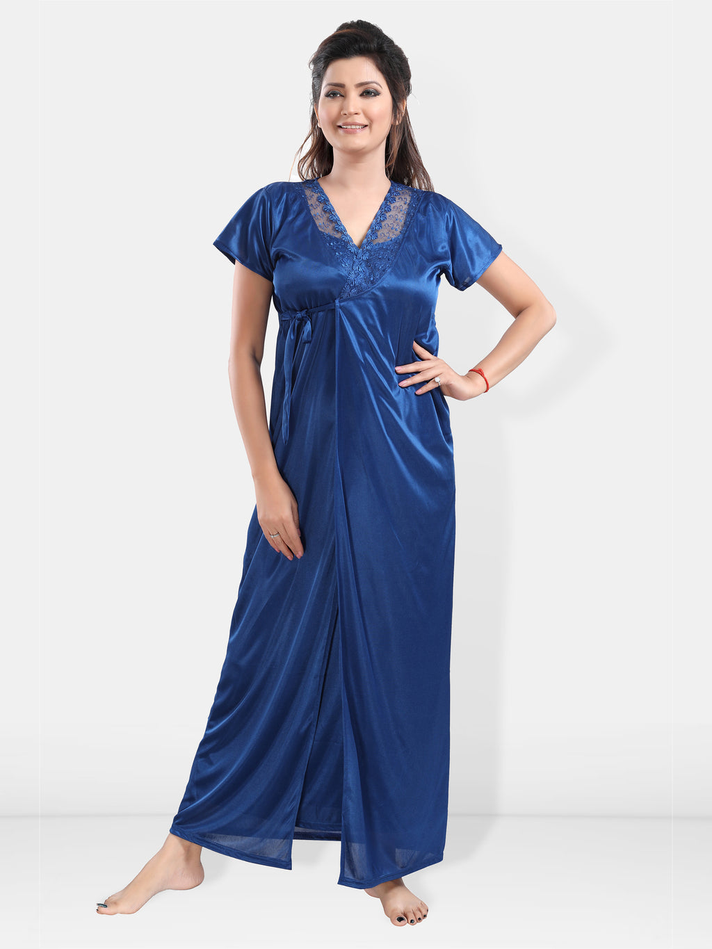 Blue Satin Maxi Nighty with Robe Set