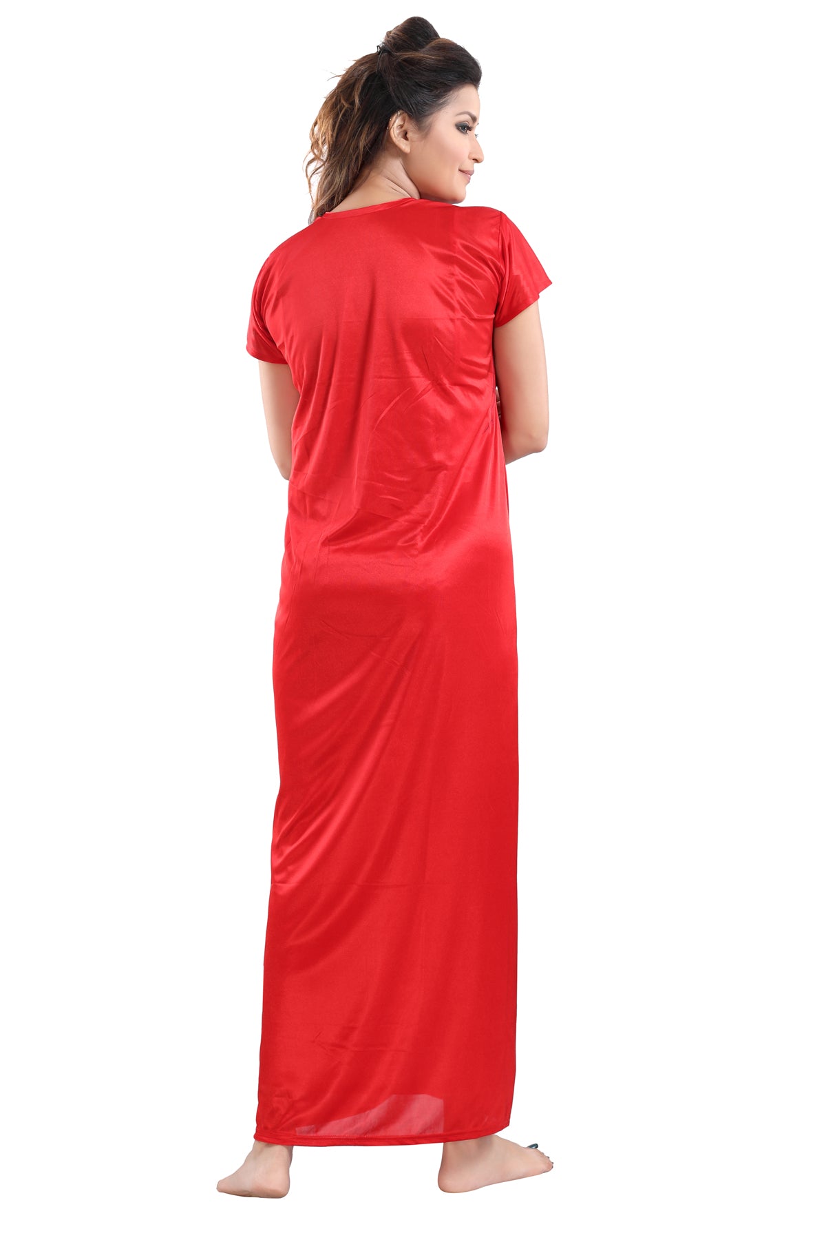 Red Solid Satin Short Sleeve Nighty & Robe Set for Women