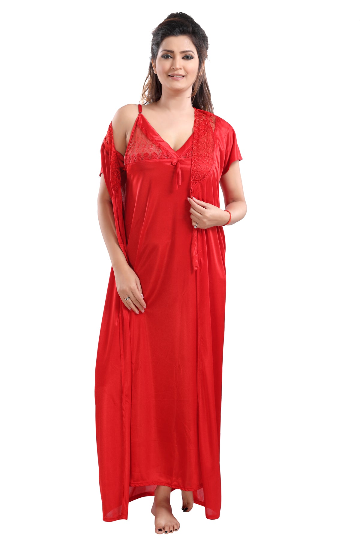 Red Solid Satin Short Sleeve Nighty & Robe Set for Women