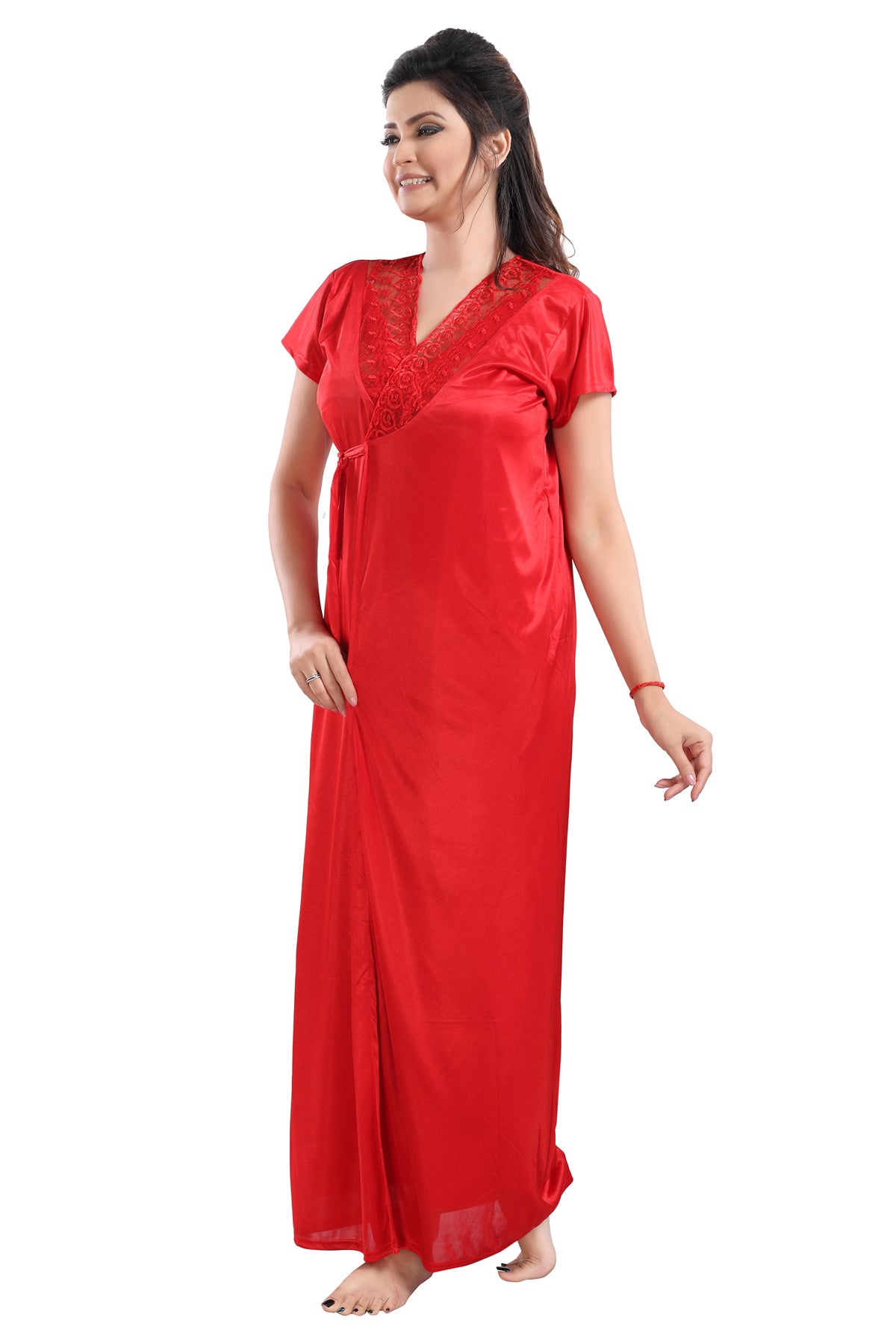 Red Solid Satin Short Sleeve Nighty & Robe Set for Women