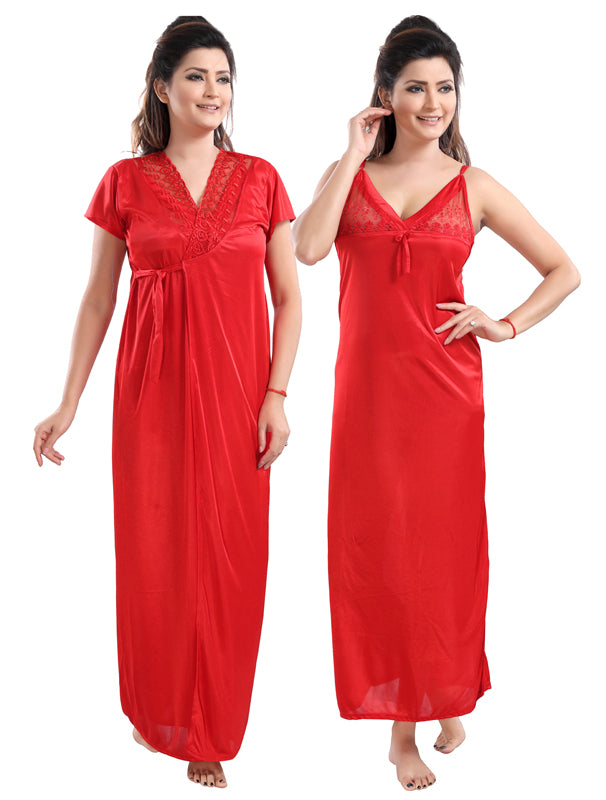 Red Solid Satin Short Sleeve Nighty & Robe Set for Women