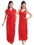 Red Solid Satin Short Sleeve Nighty & Robe Set for Women