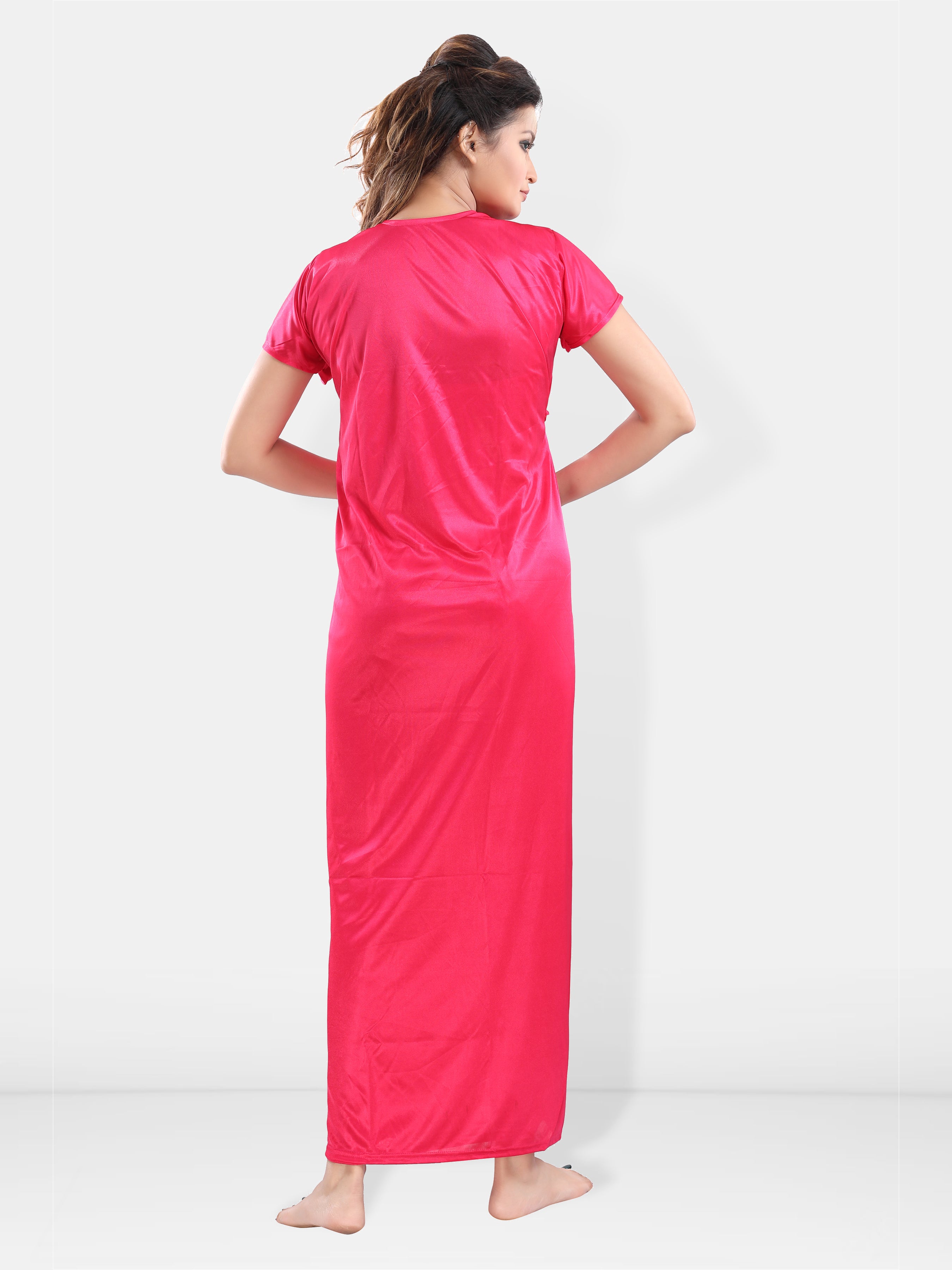 Pink Satin Solid Short Sleeve Nighty & Robe Set for Women