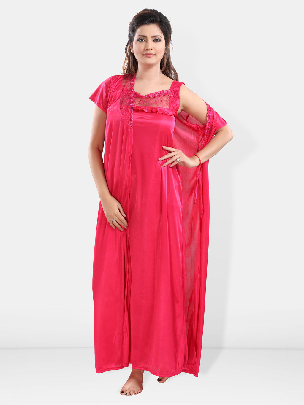 Pink Satin Solid Short Sleeve Nighty & Robe Set for Women