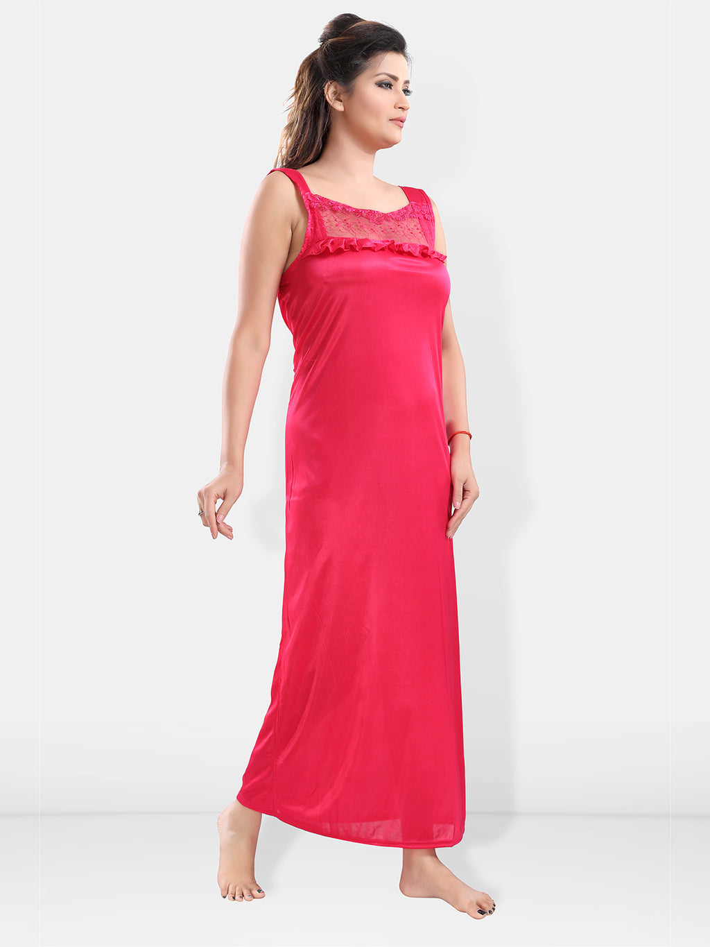 Pink Satin Solid Short Sleeve Nighty & Robe Set for Women