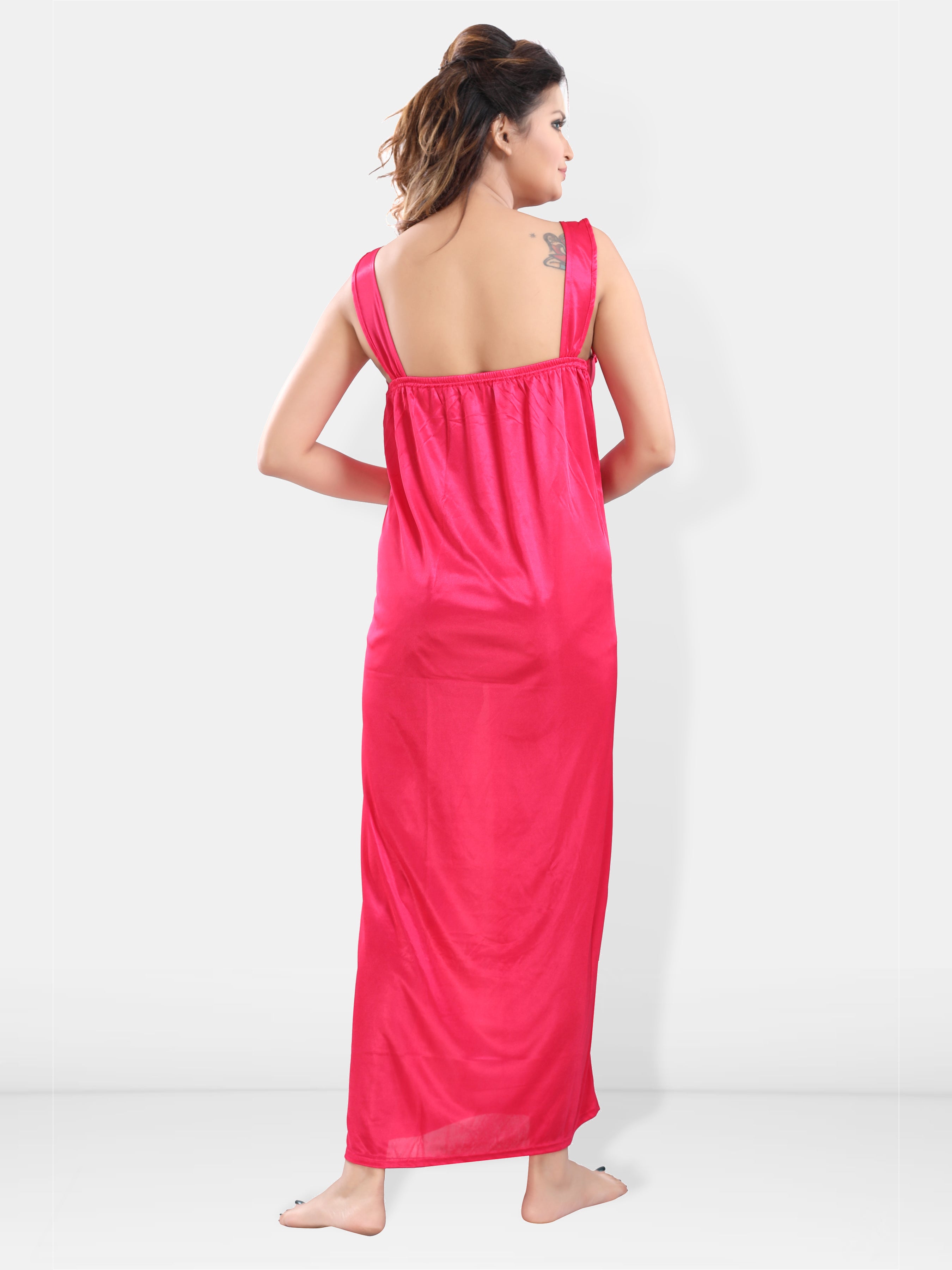 Pink Satin Solid Short Sleeve Nighty & Robe Set for Women