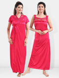 Pink Satin Solid Short Sleeve Nighty & Robe Set for Women