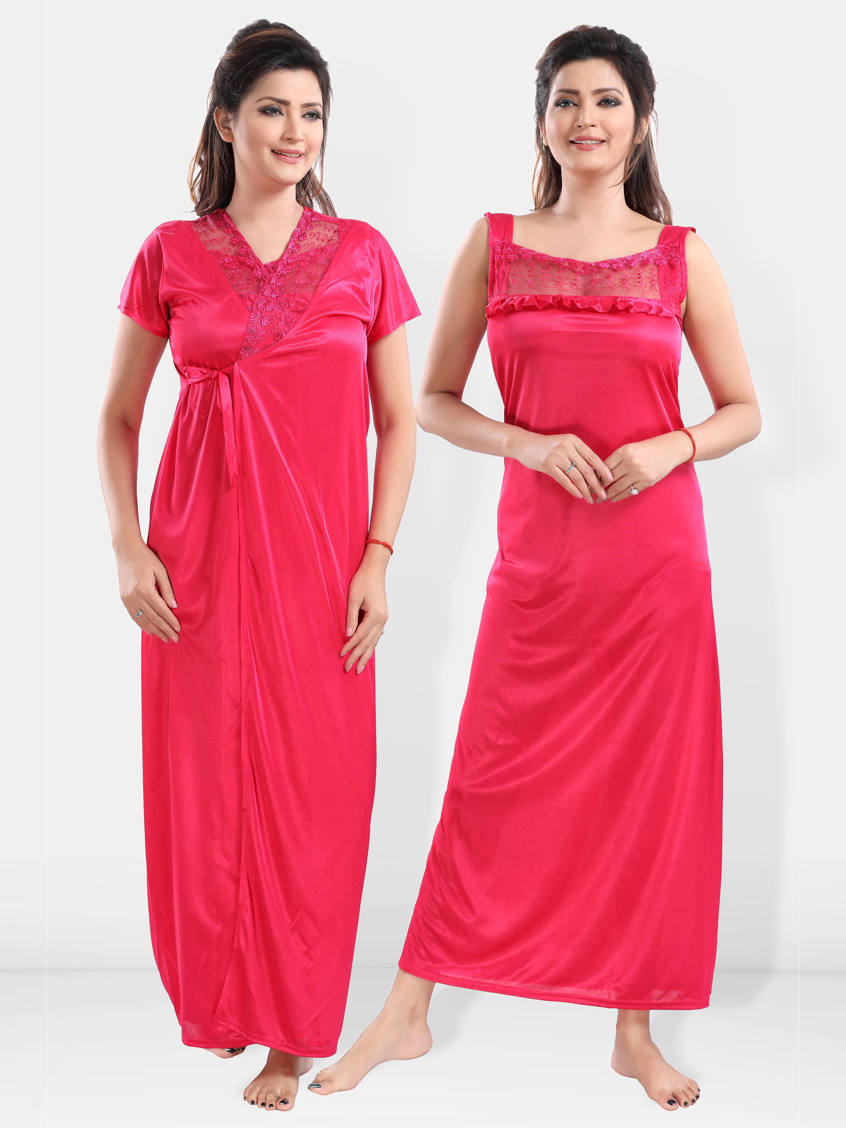 Pink Satin Solid Short Sleeve Nighty & Robe Set for Women