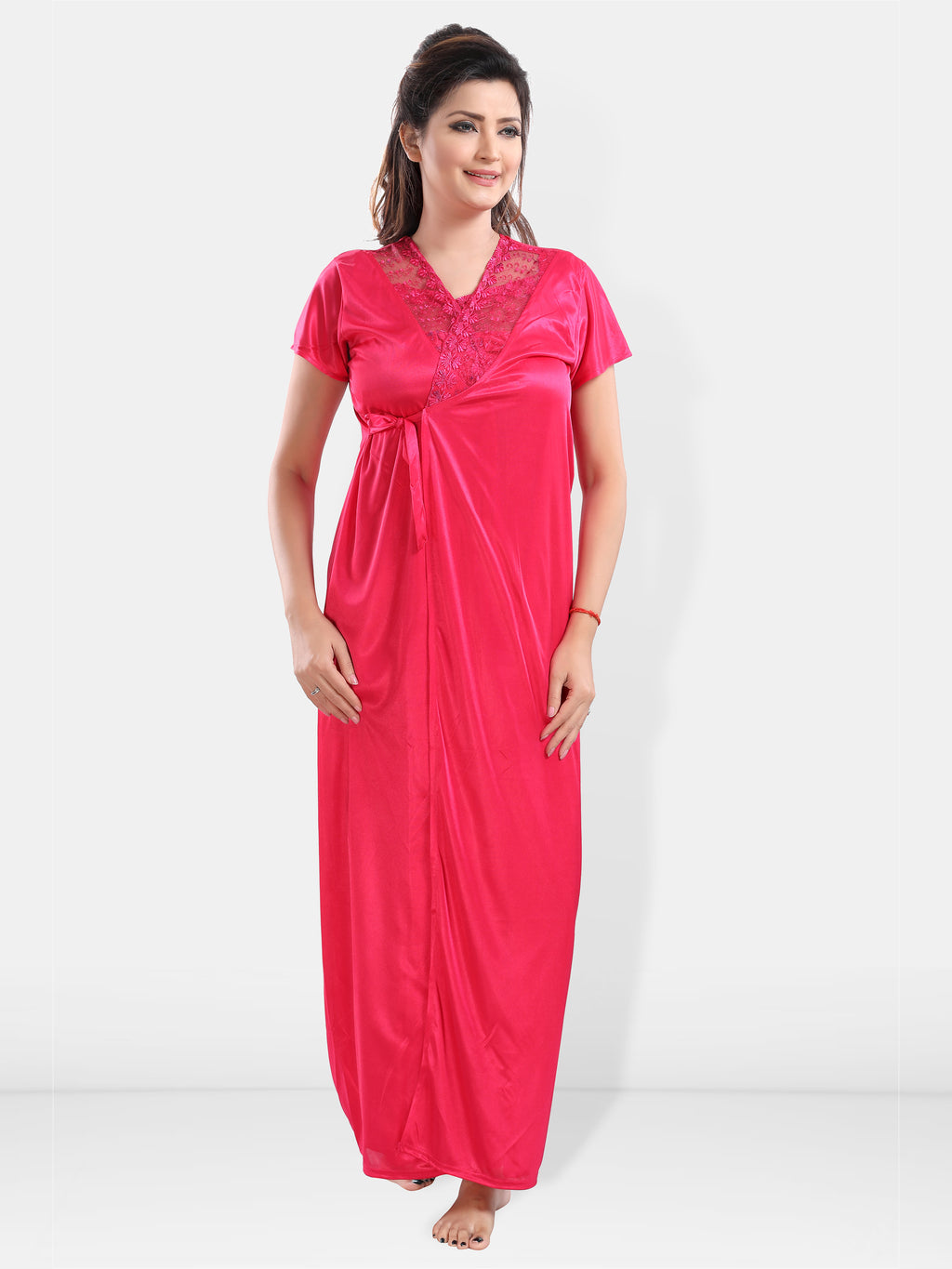 Pink Satin Solid Short Sleeve Nighty & Robe Set for Women