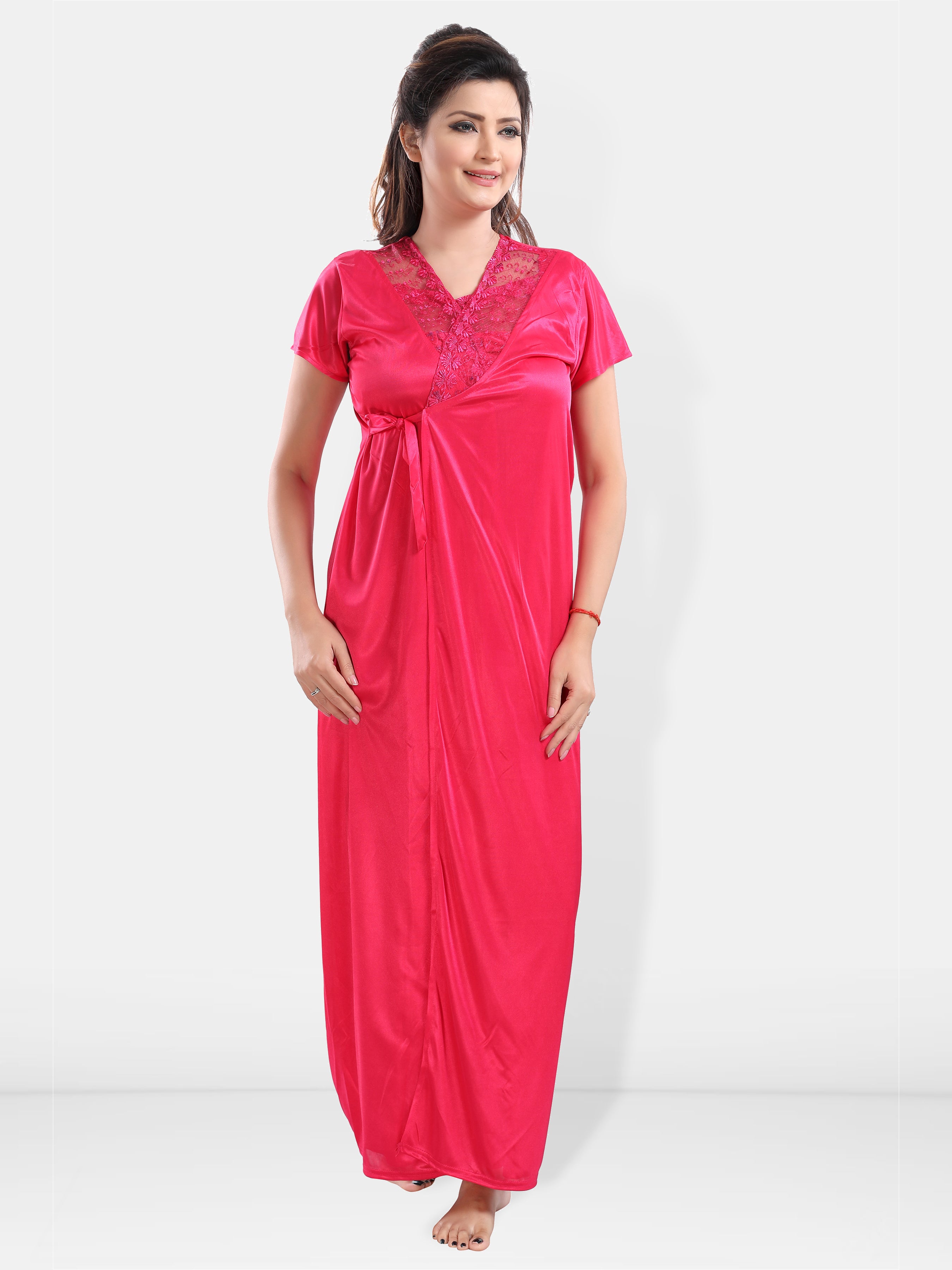 Pink Satin Solid Short Sleeve Nighty & Robe Set for Women