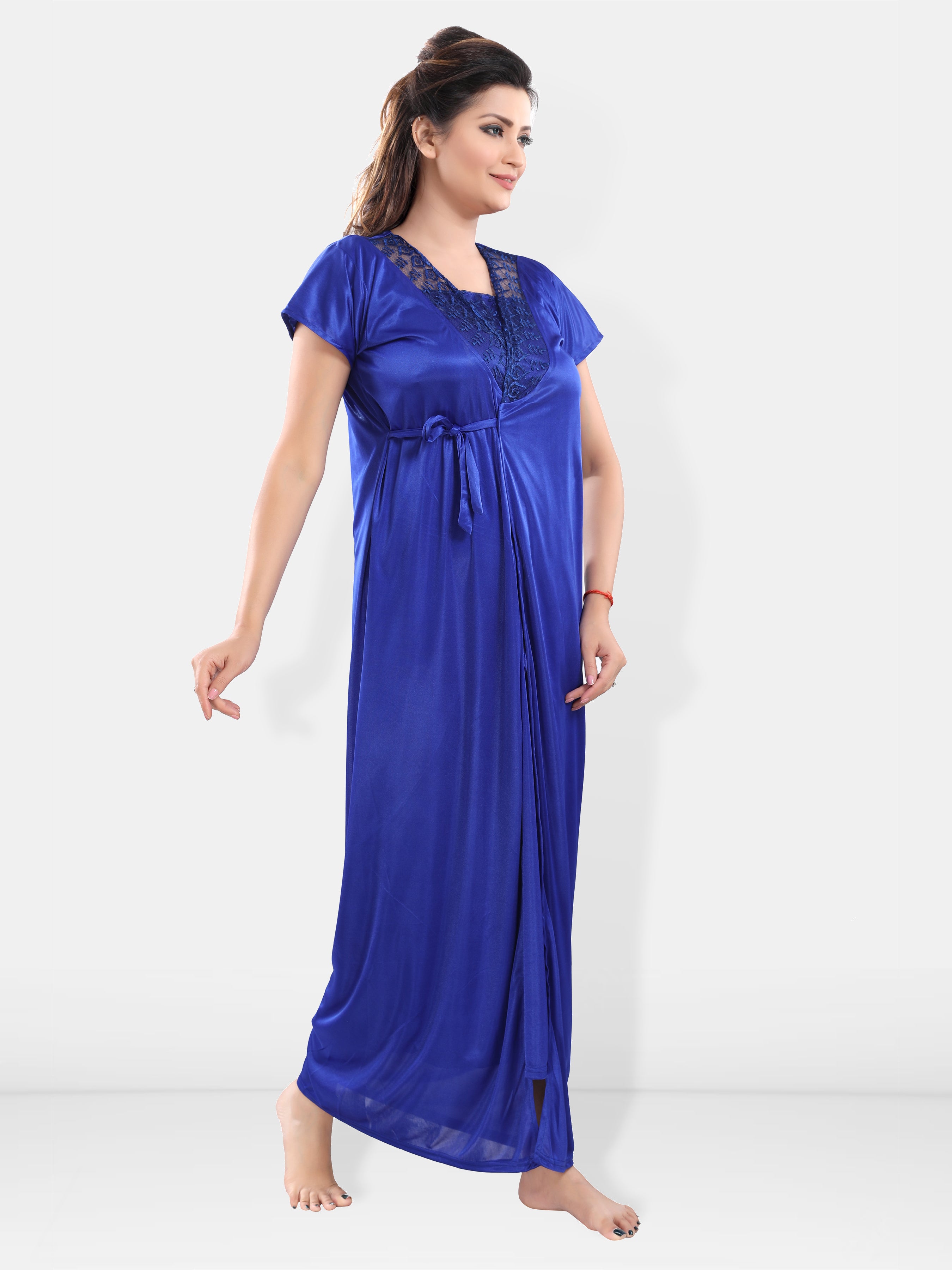 Royal Blue Satin Solid Short Sleeves Pack of 1 Nighty & 1 Robe for Women