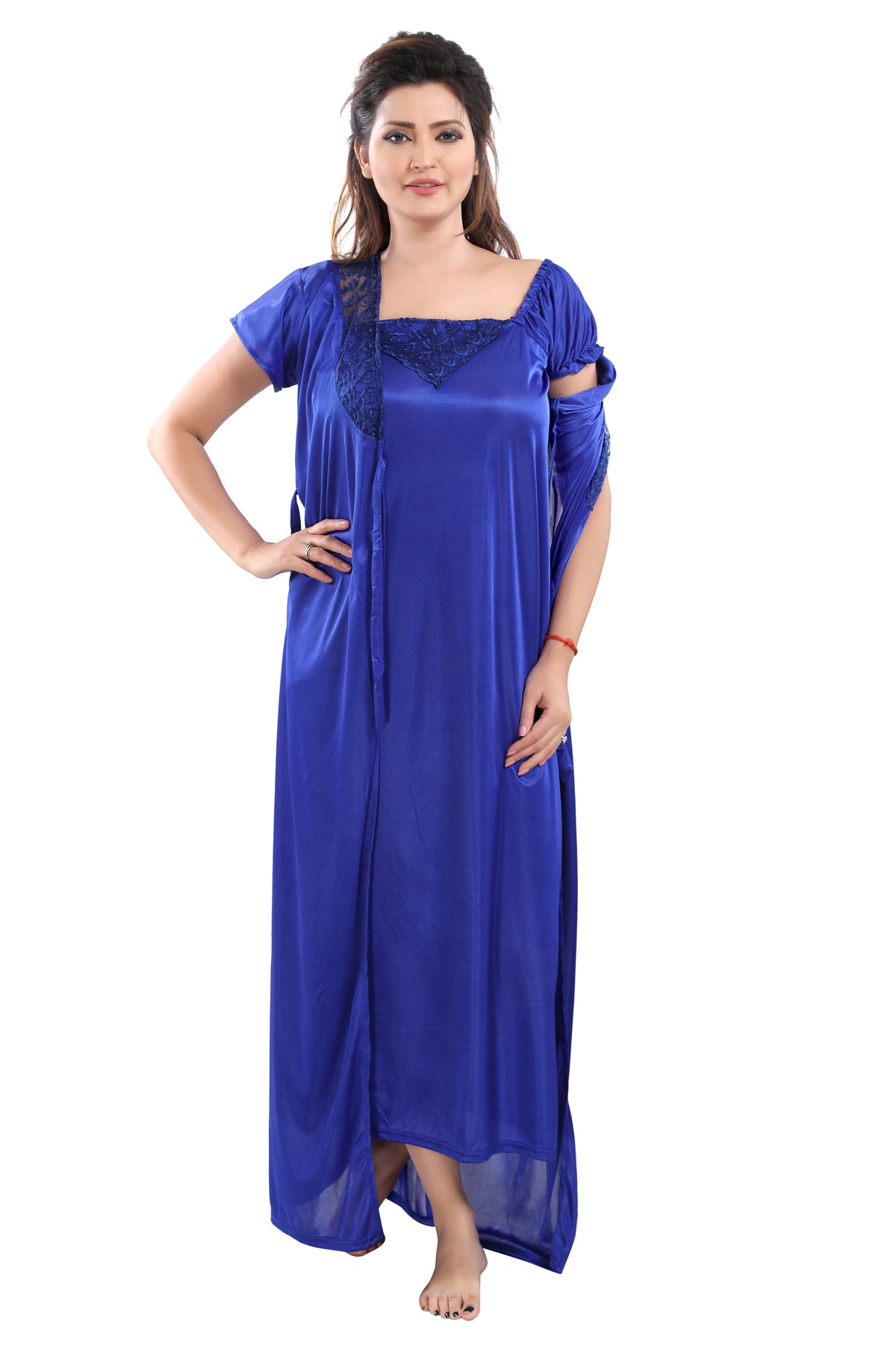Royal Blue Satin Solid Short Sleeves Pack of 1 Nighty & 1 Robe for Women