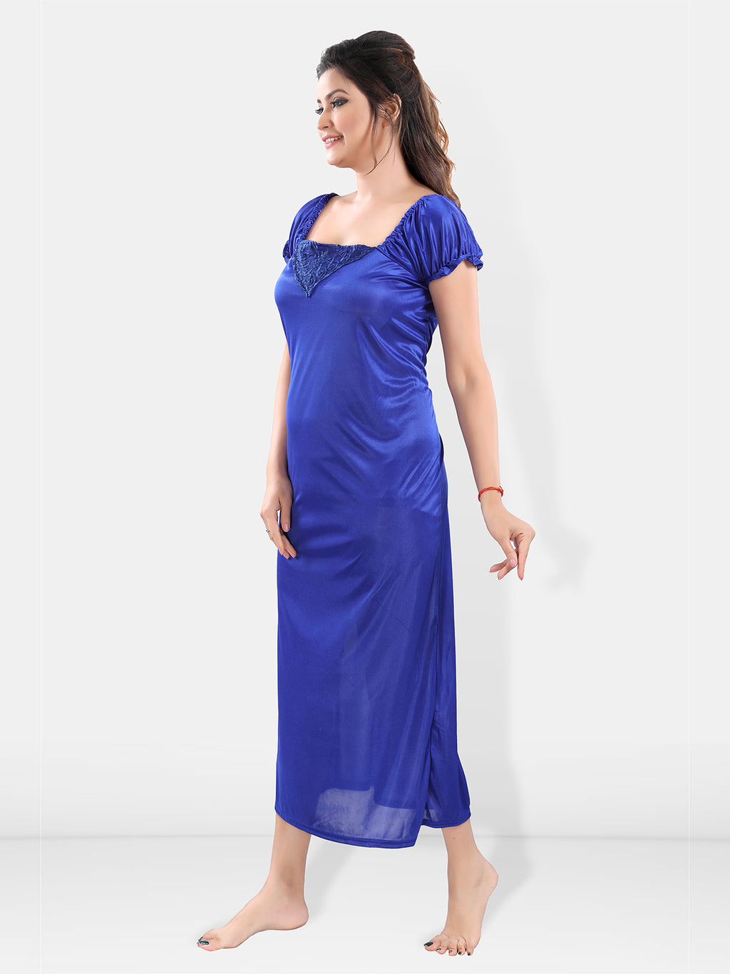 Royal Blue Satin Solid Short Sleeves Pack of 1 Nighty & 1 Robe for Women