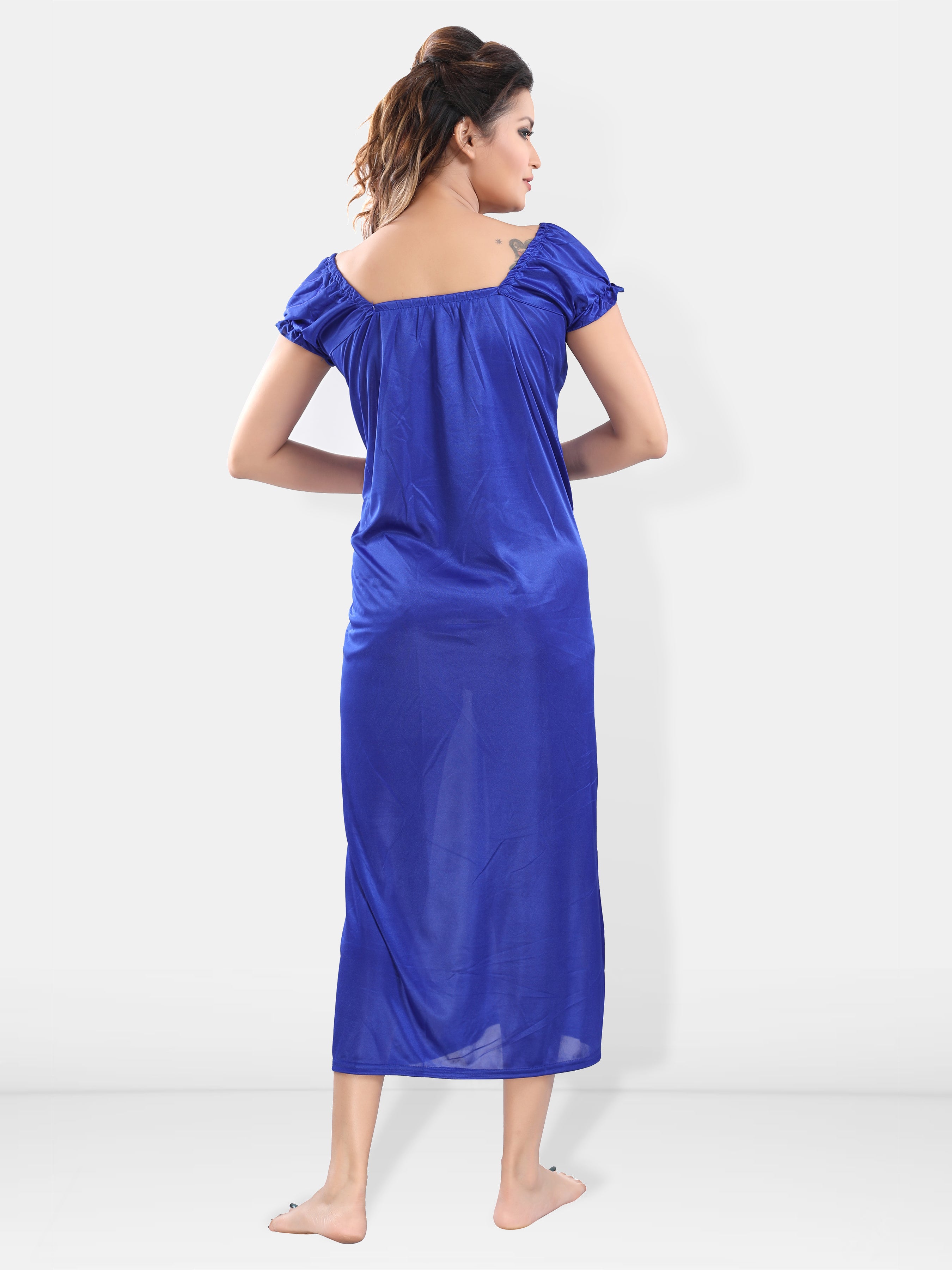 Royal Blue Satin Solid Short Sleeves Pack of 1 Nighty & 1 Robe for Women