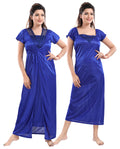 Royal Blue Satin Solid Short Sleeves Pack of 1 Nighty & 1 Robe for Women