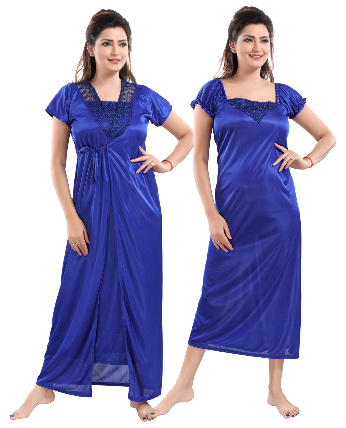 Royal Blue Satin Solid Short Sleeves Pack of 1 Nighty & 1 Robe for Women