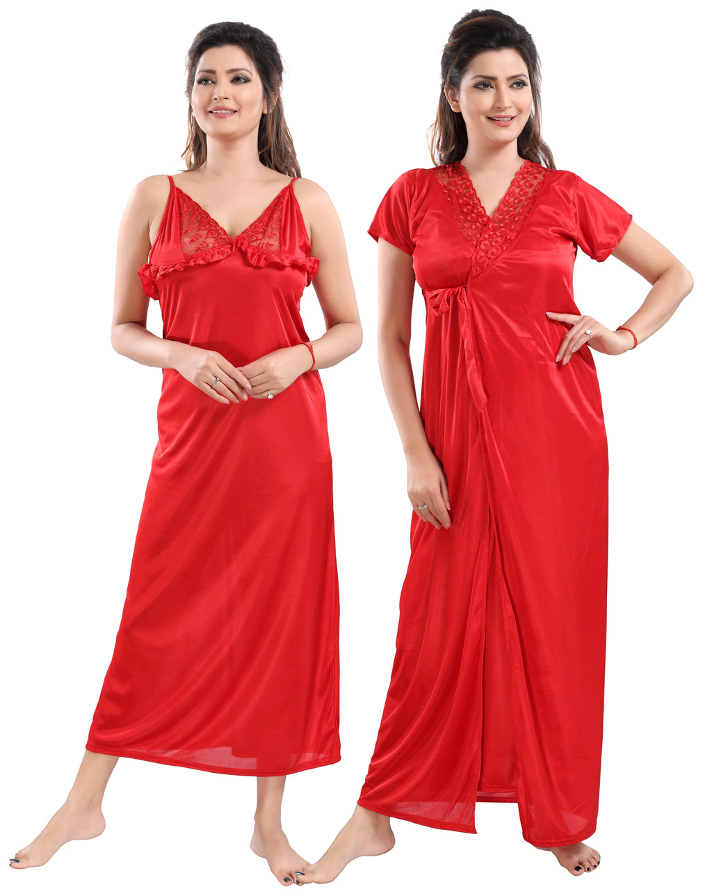 Solid red satin nightwear set front view
