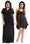 Black Satin Polka Print Baby Doll Nighty with Robe for Women