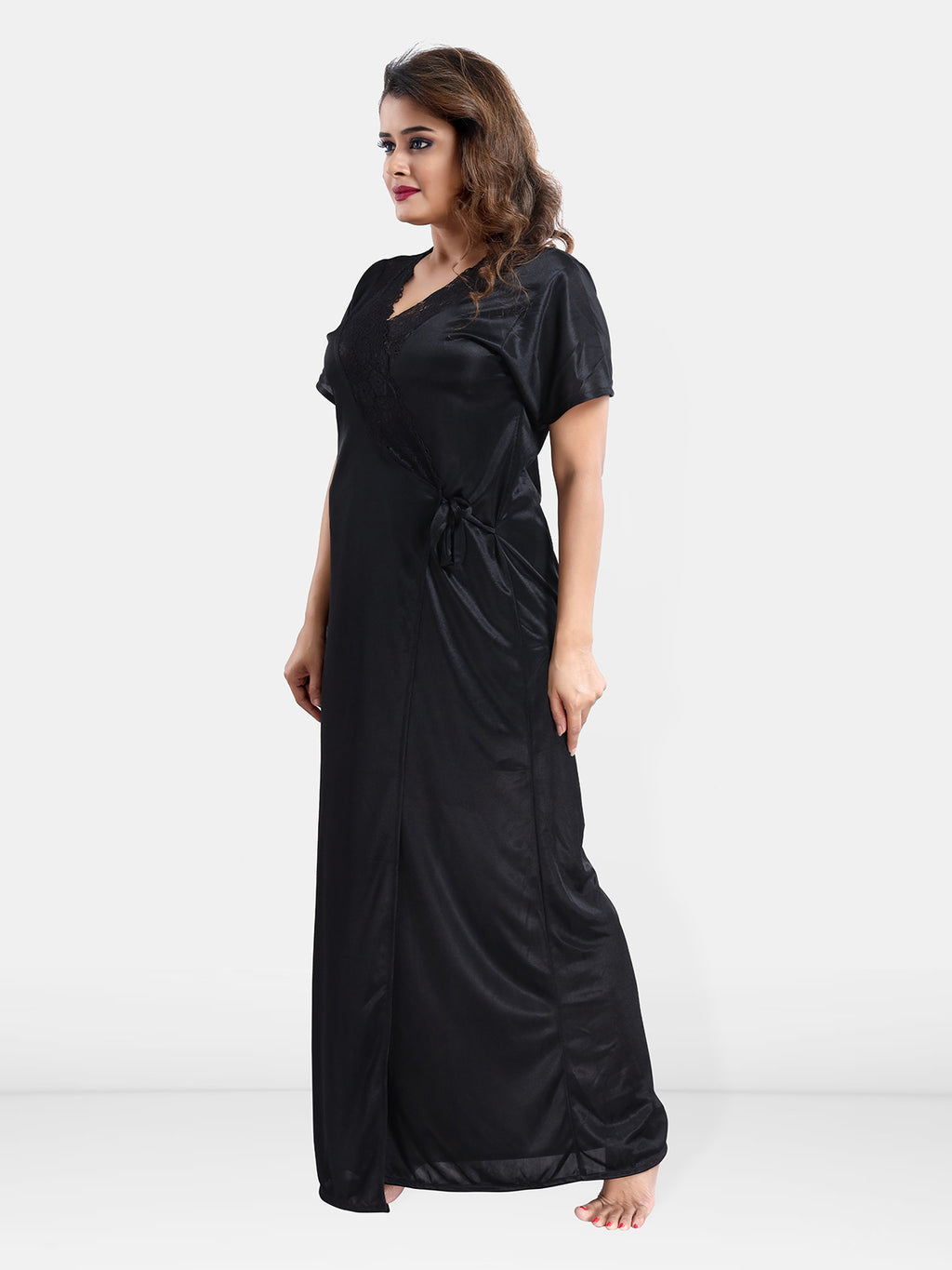 Black Satin Polka Print Baby Doll Nighty with Robe for Women