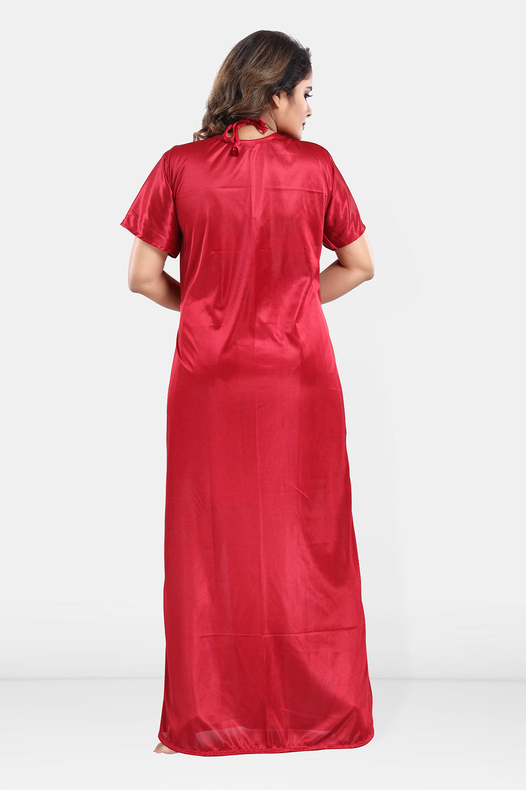 Maroon Satin Babydoll Nighty with Long Robe Set for Women
