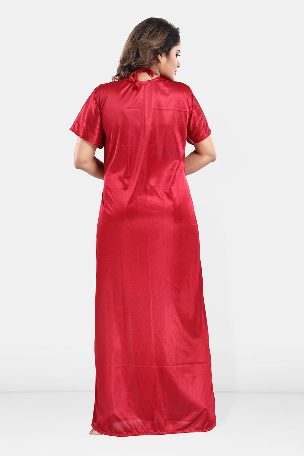 Maroon Satin Babydoll Nighty with Long Robe Set for Women