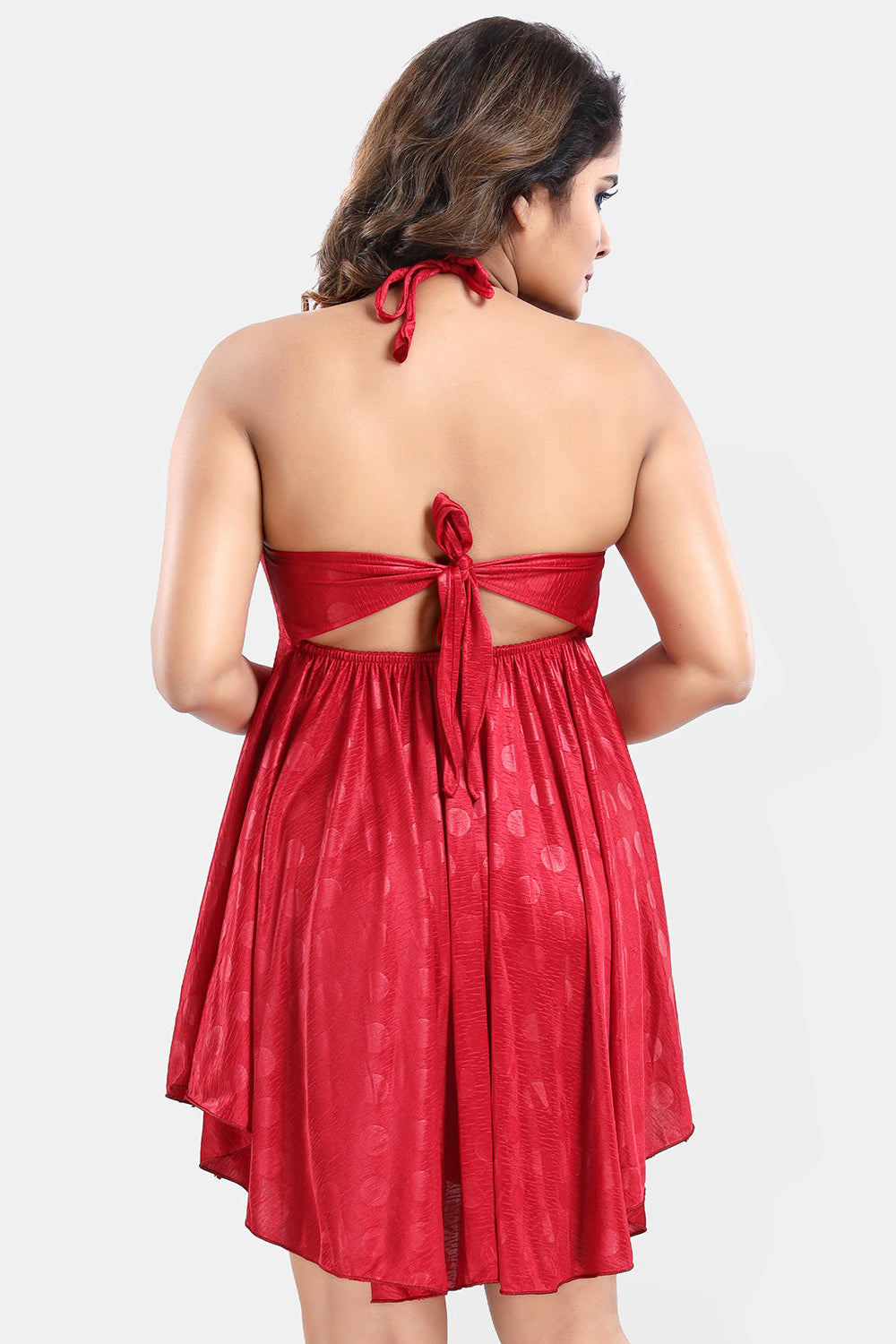 Maroon Satin Babydoll Nighty with Long Robe Set for Women