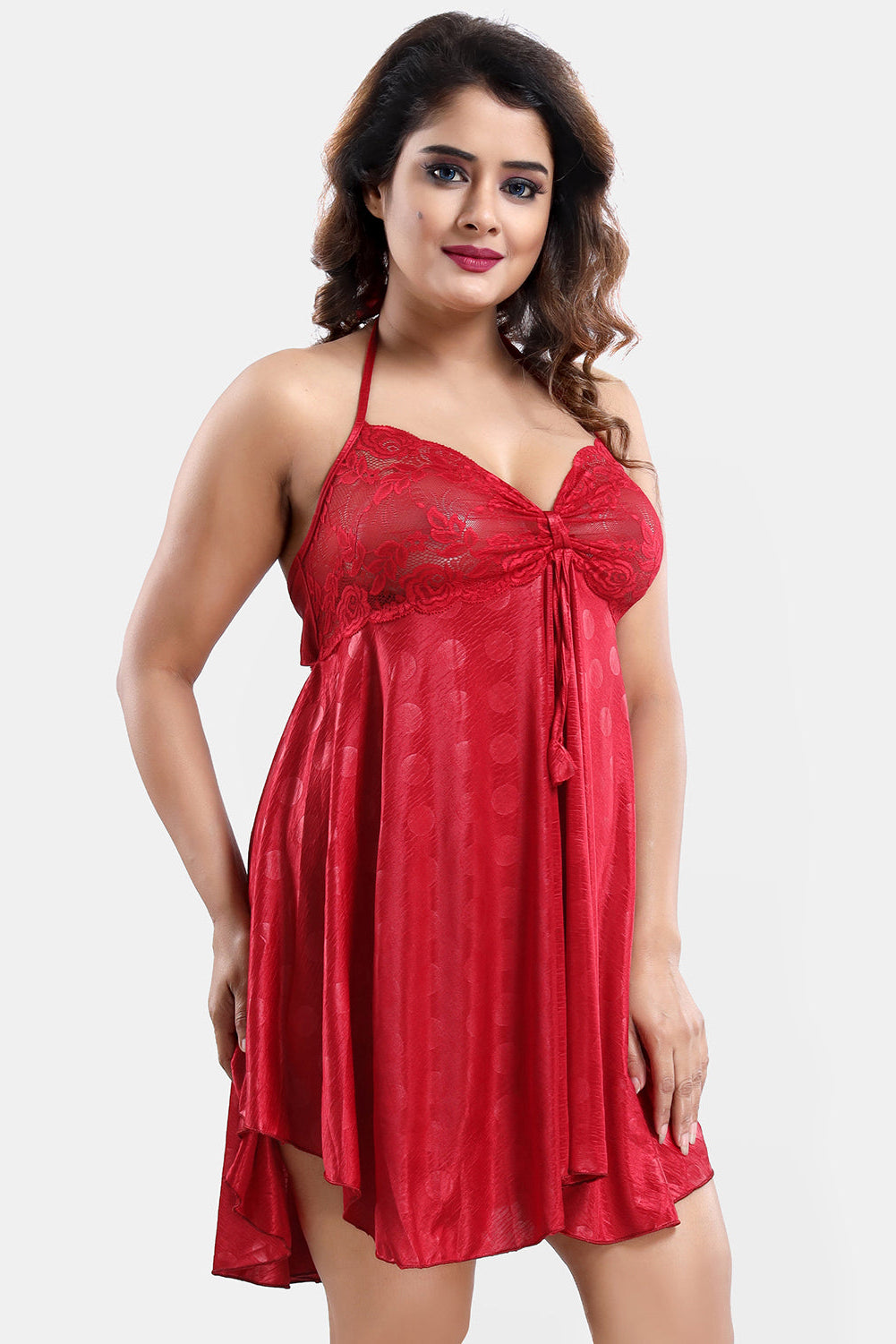 Maroon Satin Babydoll Nighty with Long Robe Set for Women