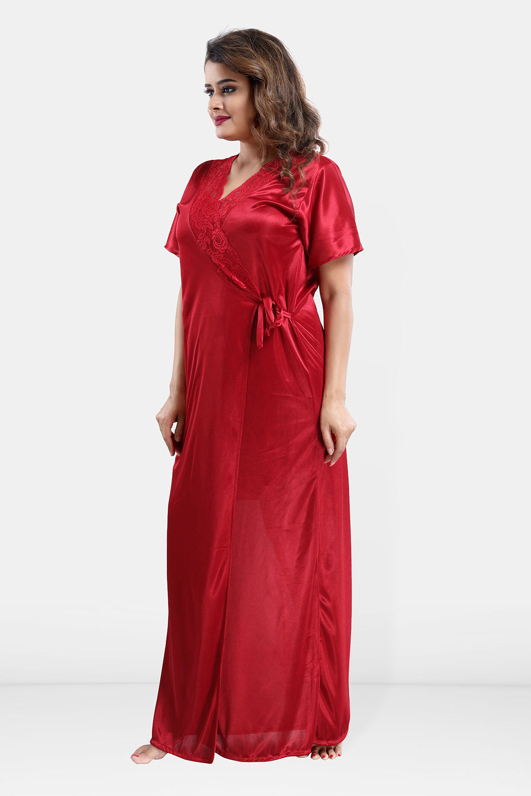 Maroon Satin Babydoll Nighty with Long Robe Set for Women
