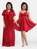 Maroon Satin Babydoll Nighty with Long Robe Set for Women