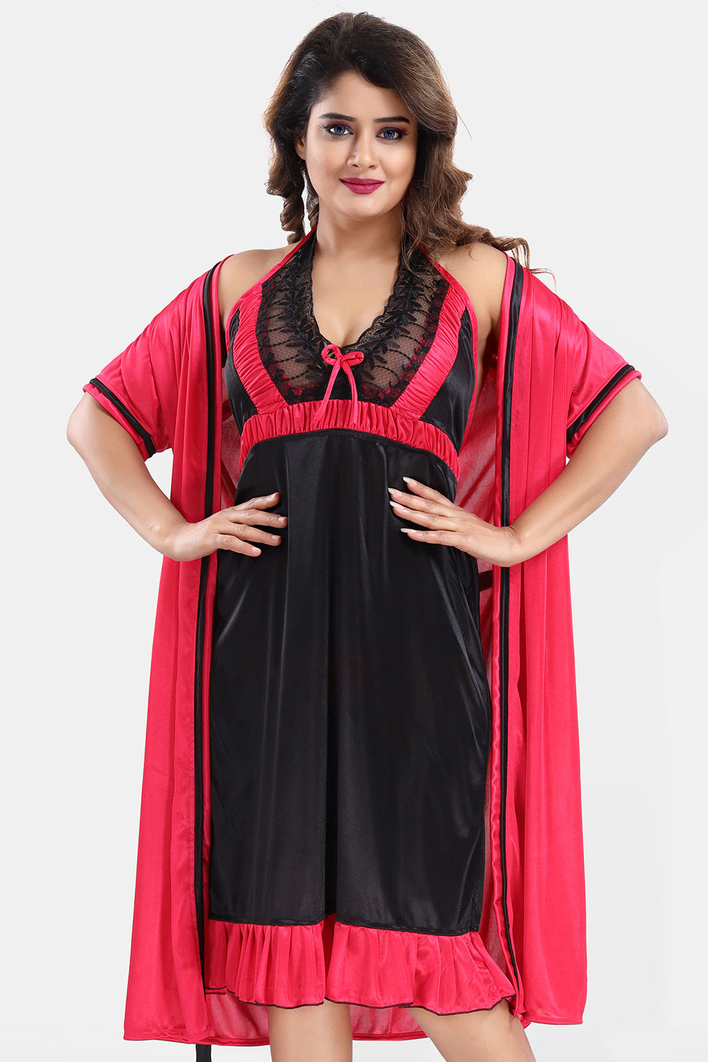 Dark Pink Satin Nighty with Robe Set for Women