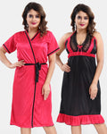 Dark Pink Satin Nighty with Robe Set for Women