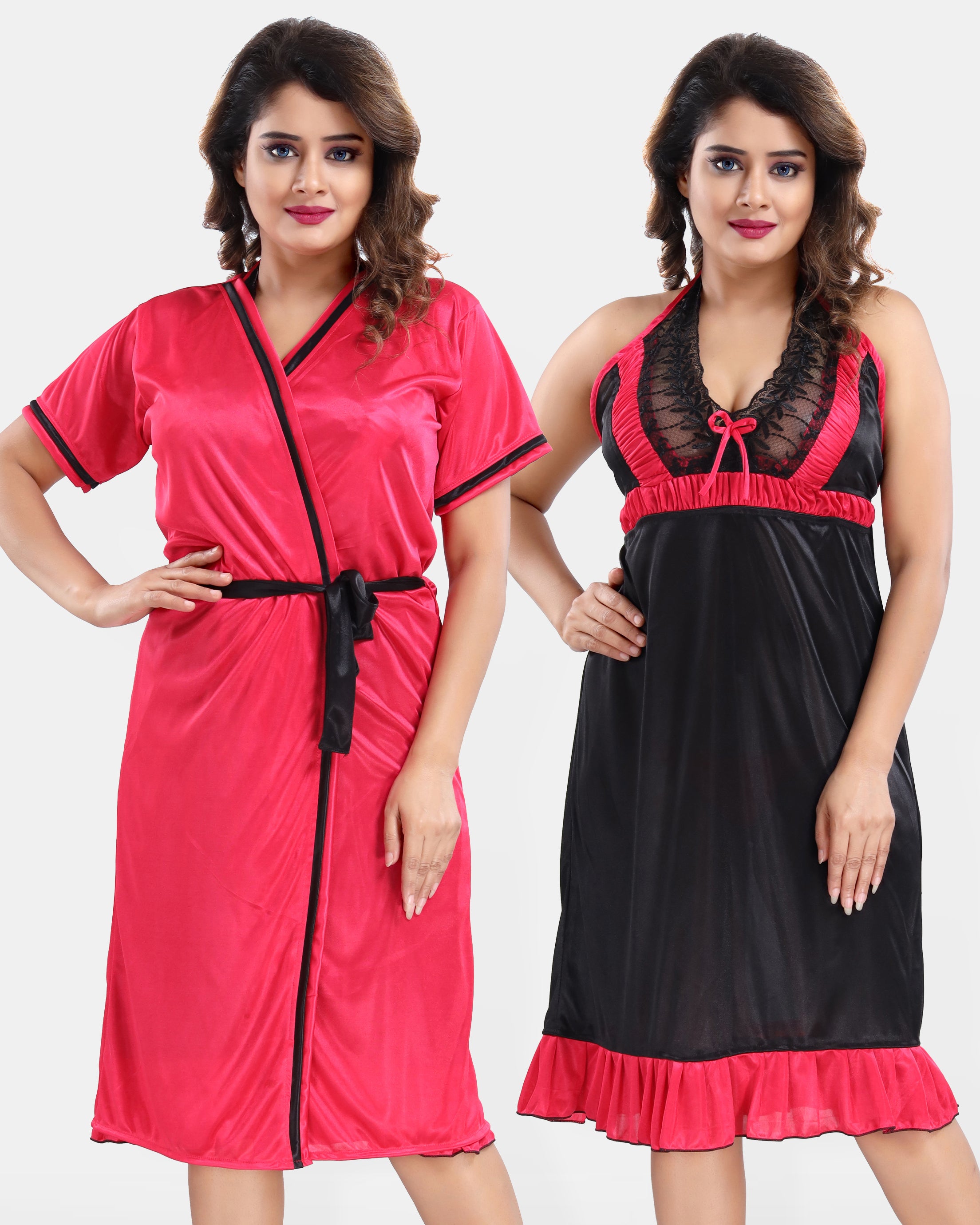 Dark Pink Satin Nighty with Robe Set for Women